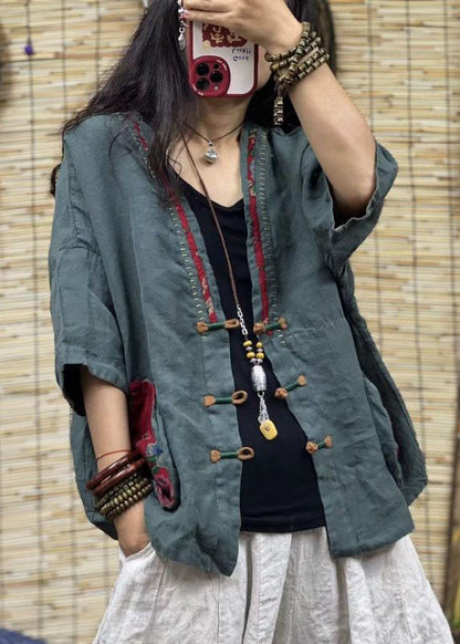 Red V Neck Pockets Chinese Button Patchwork Linen Coats Summer