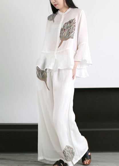 Red Print Linen Tops and Wide Leg Pants Two Pieces Set Drawstring Flare Sleeve