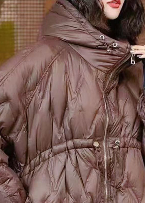 Coffee Hooded Drawstring Patchwork Cotton Coat Winter