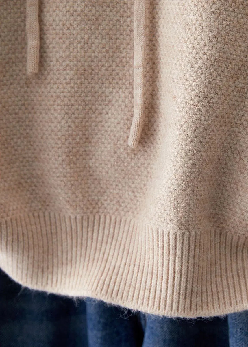 Beige Hooded Drawstring Knit Sweatshirts Top Spring