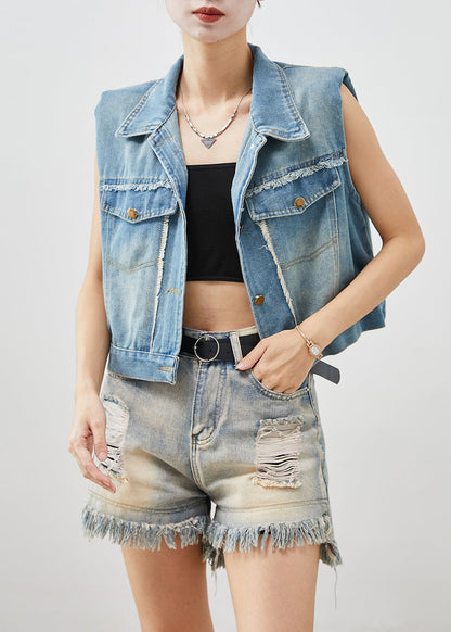Denim Blue Tasseled Cotton Vests Fall