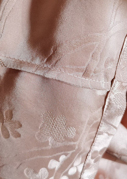 Pink Stand Collar Tasseled Patchwork Jacquard Silk Mid Dress Summer
