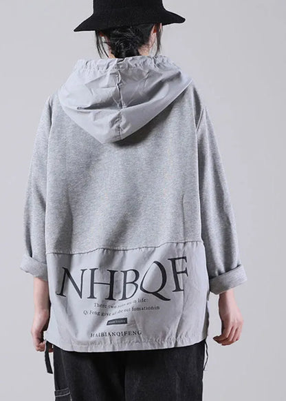 Comfy Grey Hooded Drawstring Graphic Fall Patchwork Sweatshirts Top