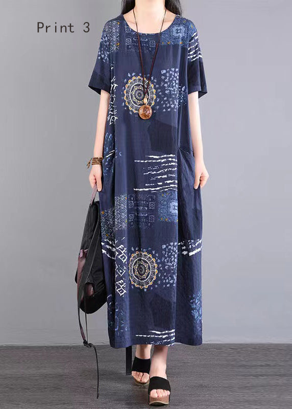O Neck Print Patchwork Cotton Long Dresses Summer