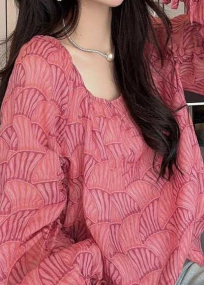 Rose O Neck Print Cinched Cotton Blouses Lantern Sleeve
