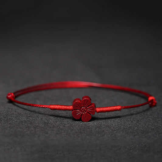 Buddha Stones Handmade Plum Blossom Four Leaf Clover Pixiu Lotus Koi Fish Cinnabar Blessing Braid Bracelet