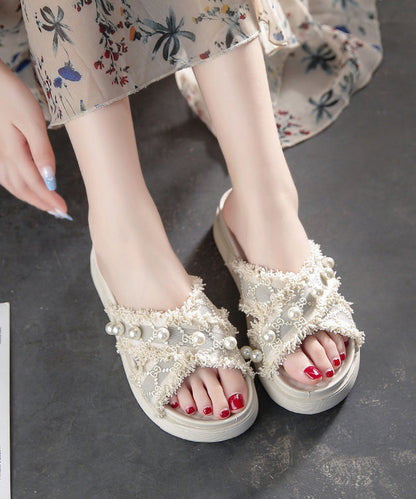 Beige Canvas Nail Bead Splicing Platform Slide Sandals