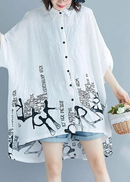 White Graphic Peter Pan Collar Cotton Tops Summer