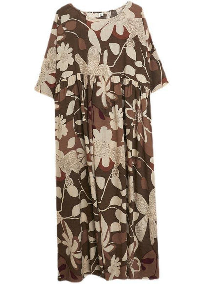Organic Black Print O-neck Linen Cotton Maxi Summer Cotton Dress