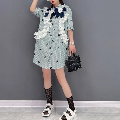 Plaid Peter Pan Collar Button Lace Patchwork Shirt Half Sleeve