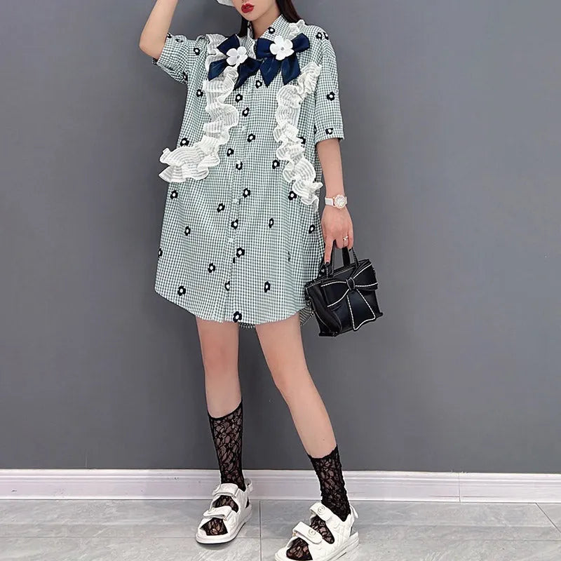 Plaid Peter Pan Collar Button Lace Patchwork Shirt Half Sleeve