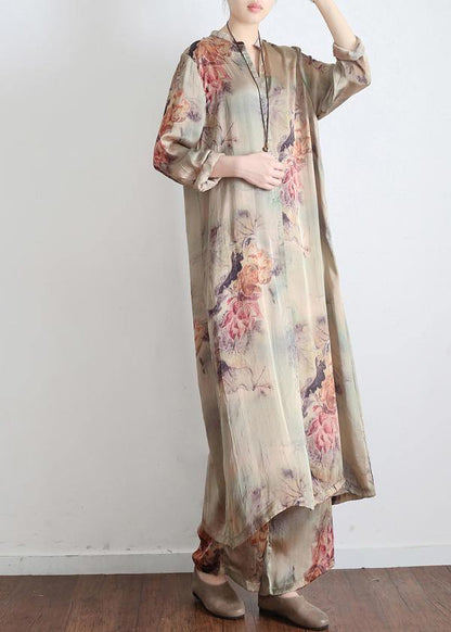 Spring Loose Print Silk Satin Split Long Sleeve Shirt + Wide Leg Pants