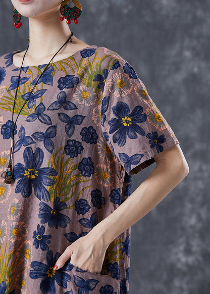 Coffee O-neck Print Linen Long Dress Summer