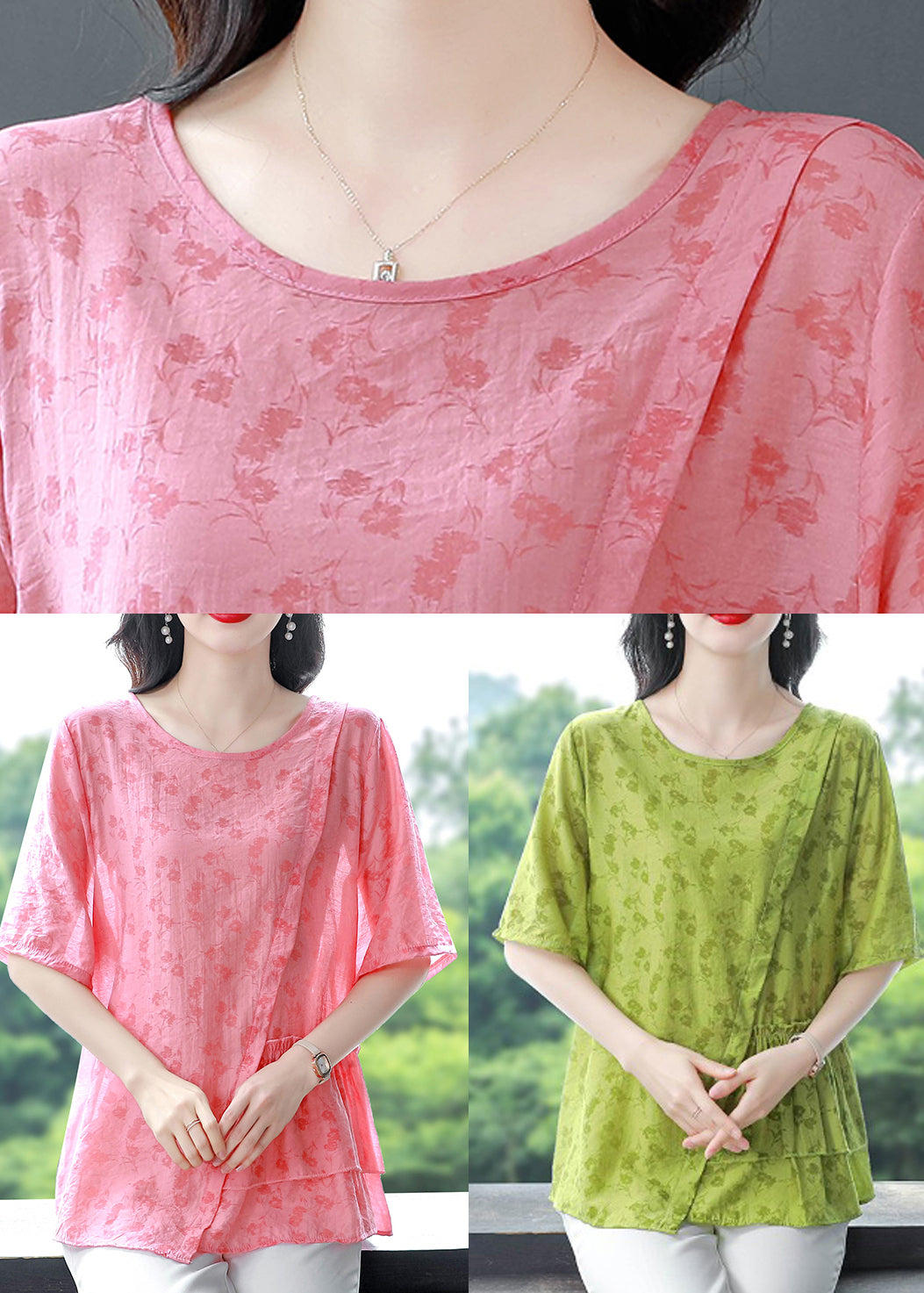 Pink Patchwork Linen Blouses Asymmetrical O-neck Ruffled Summer