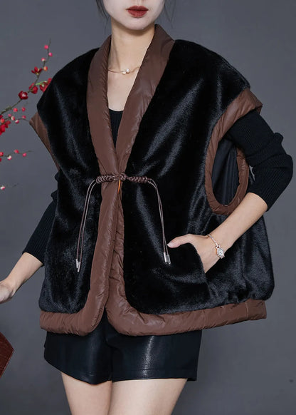 Black Chinese Button Patchwork Mink Velvet Vests Spring
