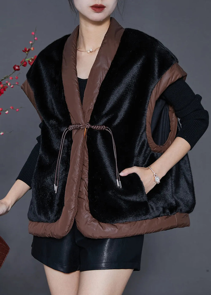 Black Chinese Button Patchwork Mink Velvet Vests Spring