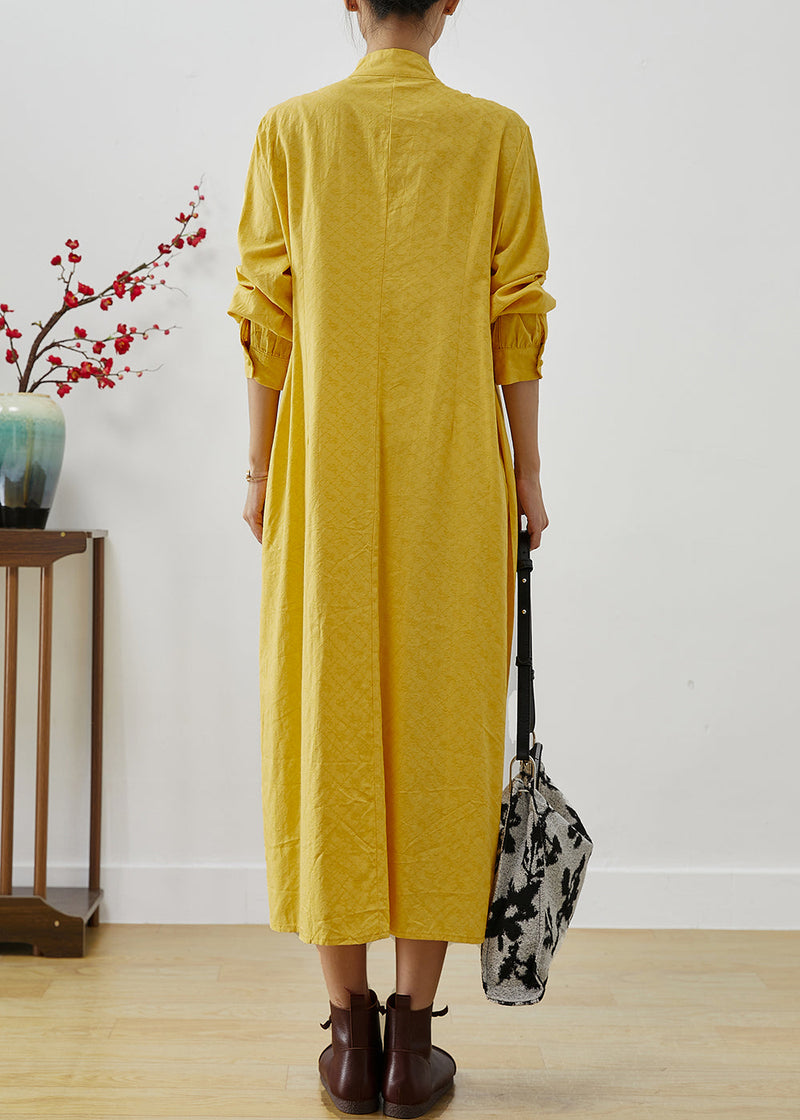 Yellow Tasseled Wrinkled Cotton Shirt Dress Fall