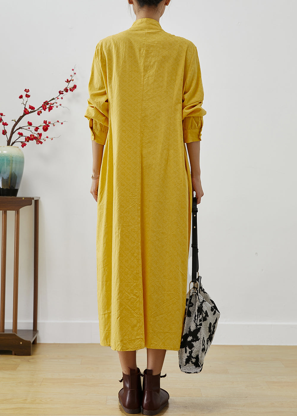 Yellow Tasseled Wrinkled Cotton Shirt Dress Fall