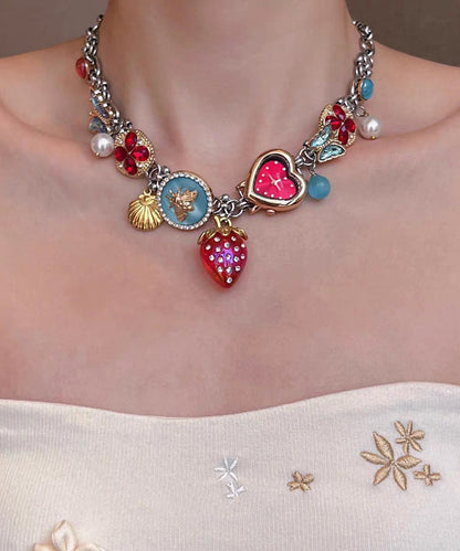 Novelty Rainbow Stainless Steel Strawberry Clock Butterfly Pendant Necklace