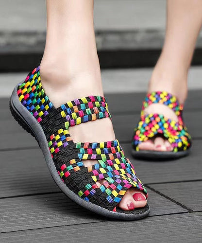 Knit Fabric Flat Shoes for Purple Splicing Peep Toe Soofairy Shoes-20251