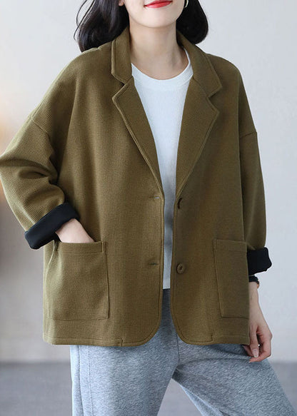 Light Green Notched Collar Pockets Cotton Coats Spring