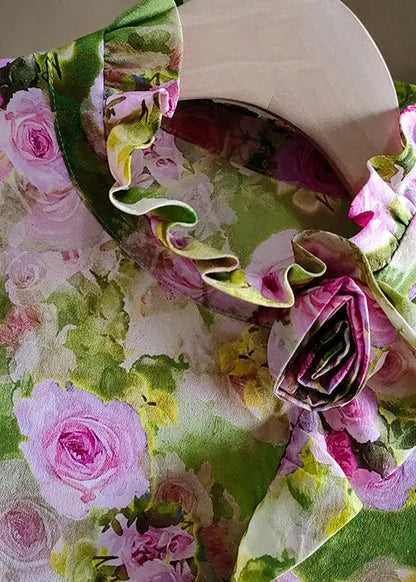 Green Ruffled Rose Print Silk Tops Spring