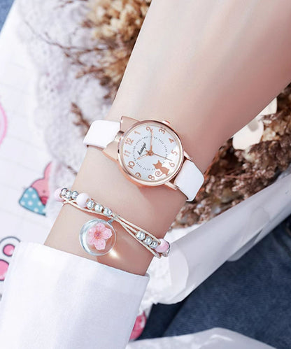 Black Genuine Leather Little Cats Waterproof Watch