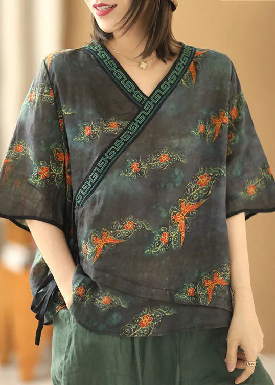 Navy Embroideried Asymmetrical Design Print Tie Waist Linen Shirt Short Sleeve