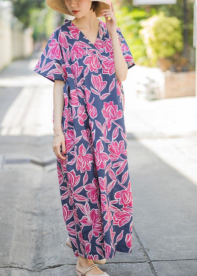 Pink Print Summer Cotton Dress Batwing Sleeve Maxi Dress
