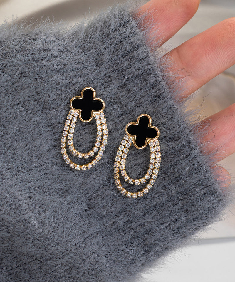 New Black Copper Overgild Zircon Four-leaf Clover Hoop Earrings