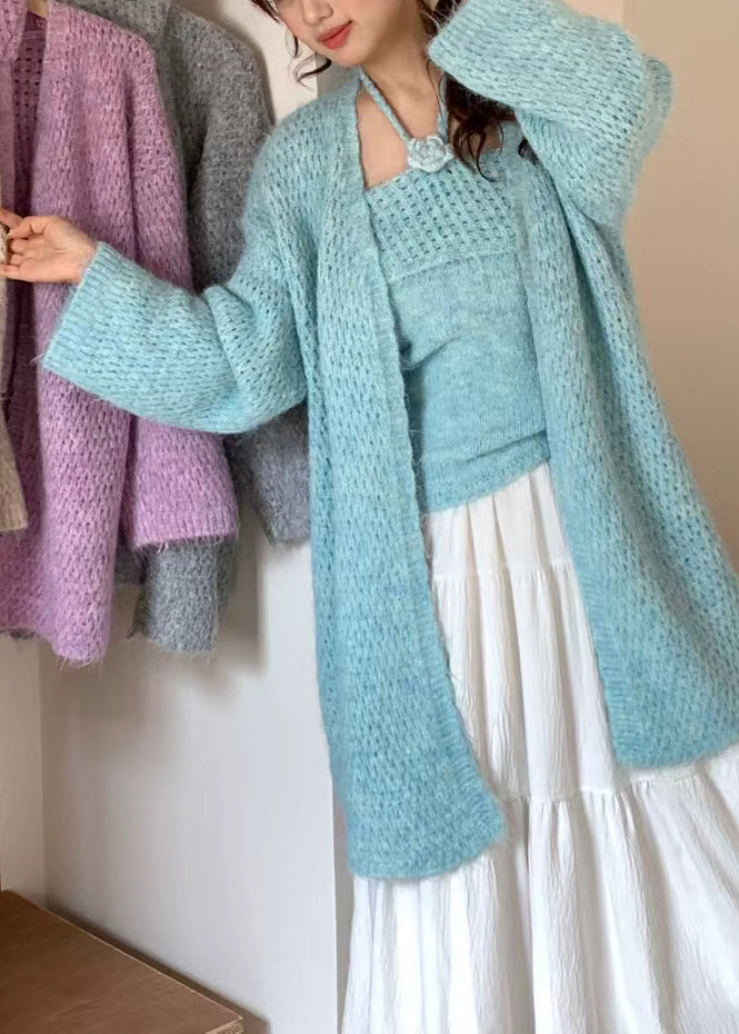 Blue Oversized Decorated Knit Two Pieces Set Winter