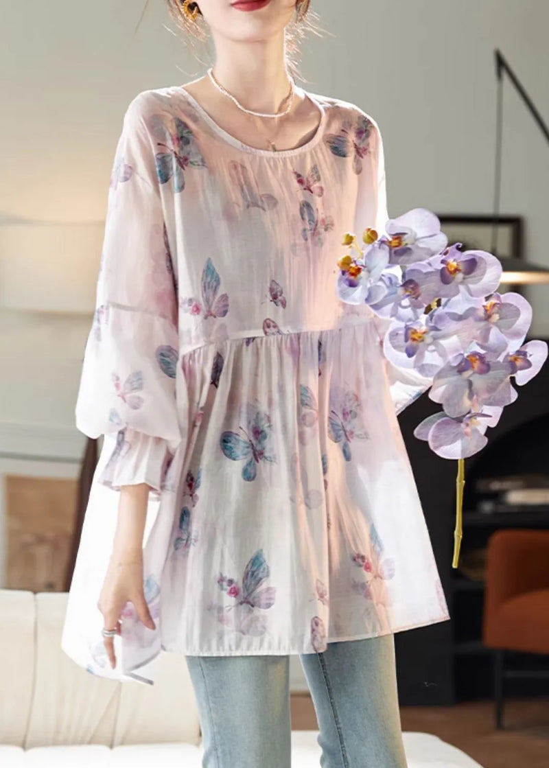 Loose Pink O Neck Print Shirt Long Sleeve