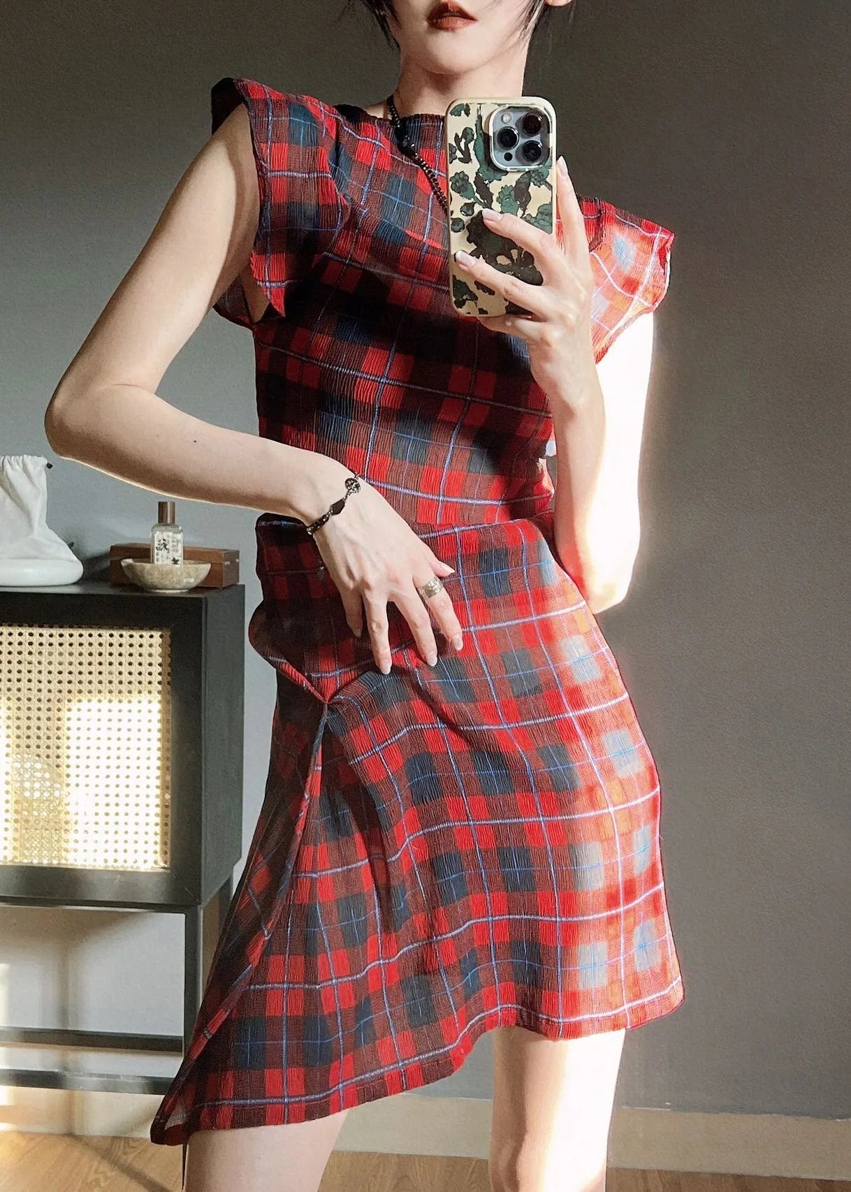 Original Red Plaid O Neck Wrinkled Chiffon Dress Butterfly Sleeve