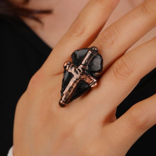 Natural Black Obsidian Cross Rings