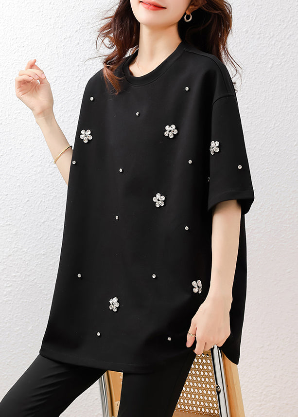 Fine Black Oversized Rhinestone Cotton Tops Summer