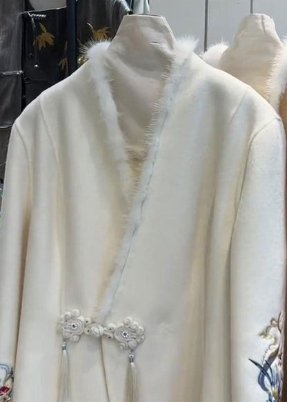 White Fur Collar Button Woolen Coat Long Sleeve