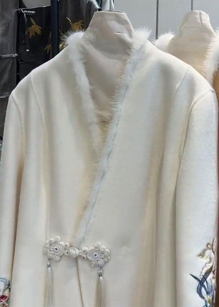 White Fur Collar Button Woolen Coat Long Sleeve