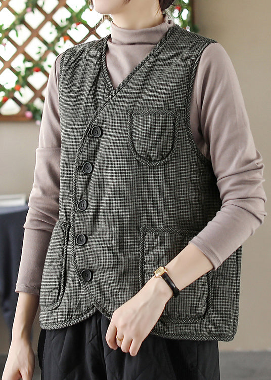 Black V Neck Plaid Pockets Fine Cotton Filled Vest Sleeveless