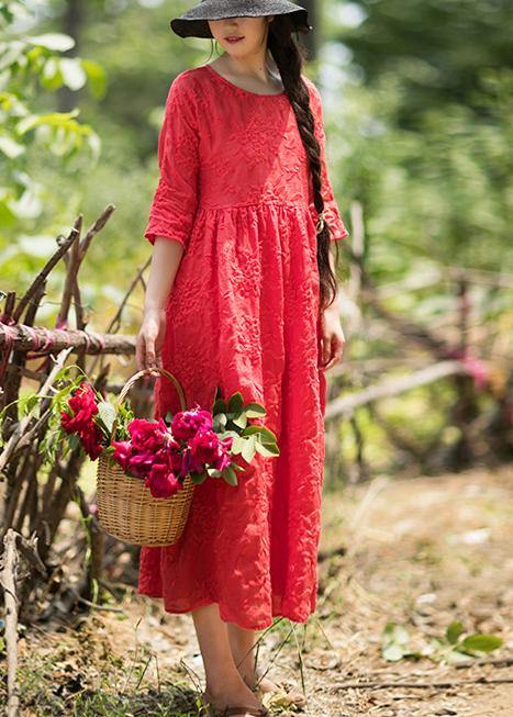 O Neck Half Sleeve Summer Outfit Neckline Red Embroidery Robes Dresses