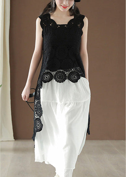 Black Asymmetrical Hollow Out Low High Design Cotton Top Summer
