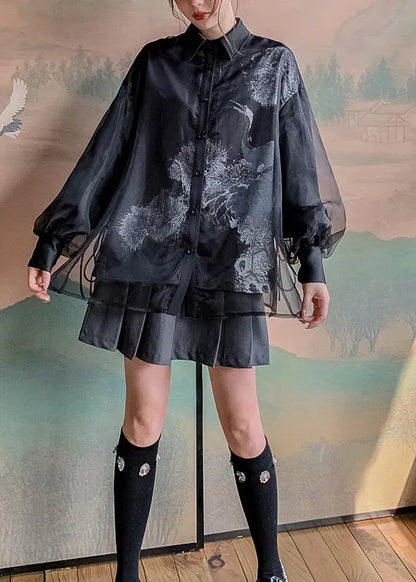 Black Peter Pan Collar Lace Up Patchwork Tulle Shirt Lantern Sleeve