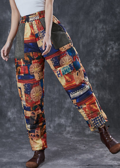 Unique Khaki Print Pockets Fine Cotton Filled Pants Winter