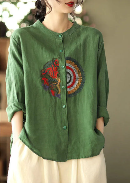 Green Embroideried Asymmetrical Design Linen Shirts Spring