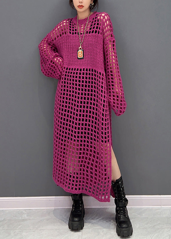 Diy Red O-neck Hollow Out Side Open Knit Long Dresses Spring