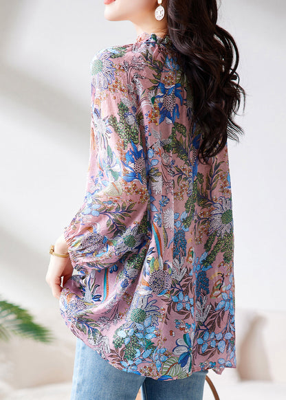 Purple Ruffled Print Lace Up Cotton Shirt Tops Fall