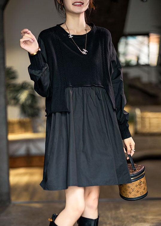Black Asymmetrical Knit Patchwork Cotton Dresses