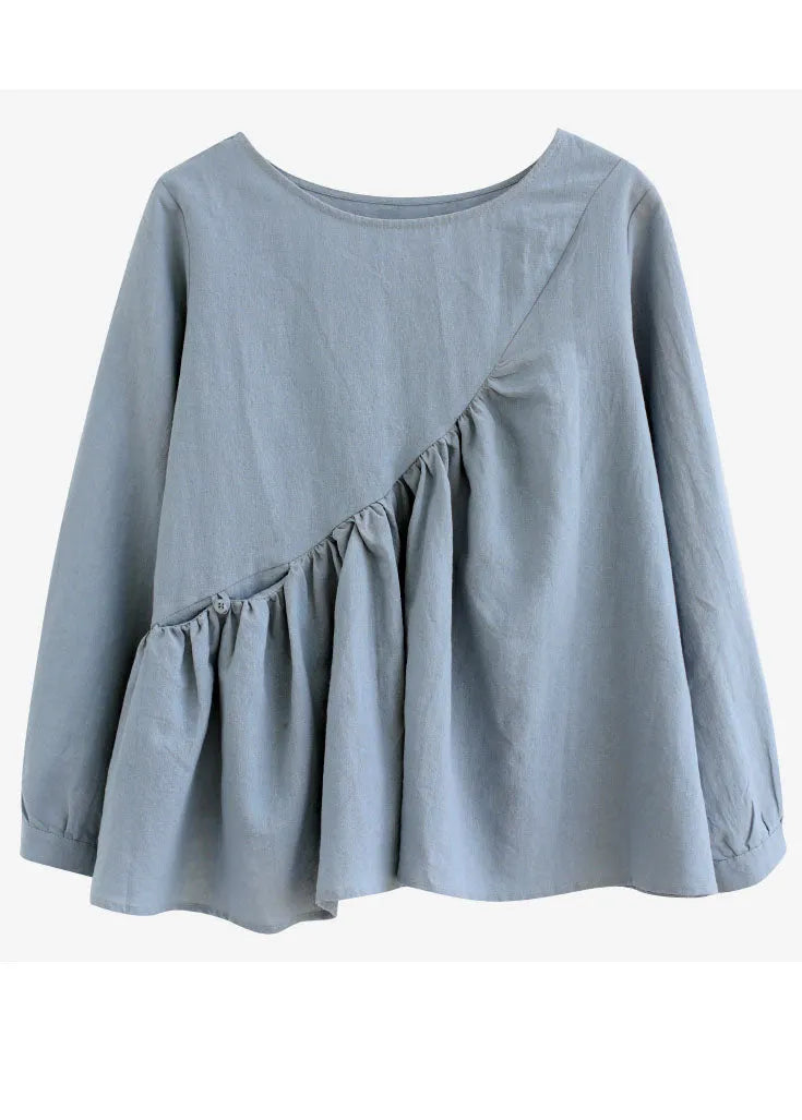 Light Blue O-neck Patchwork Ruffles Cotton Shirts Spring