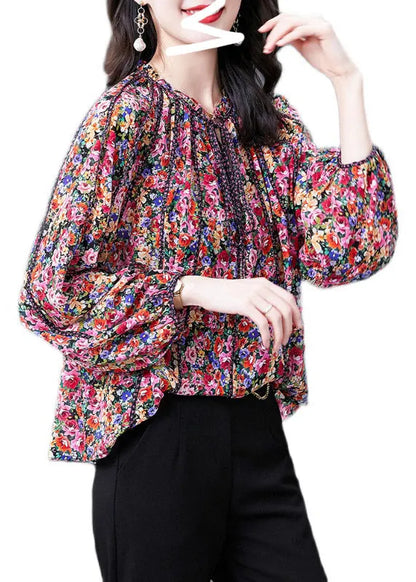 Red Print Stand Collar Ruffled Silk Top Long Sleeve