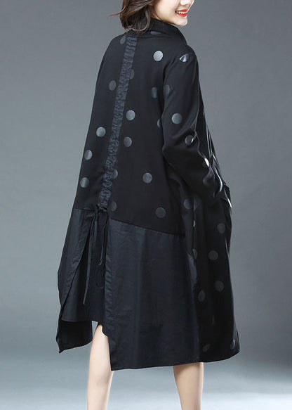 Black Dot Print Drawstring Patchwork Cotton Dresses Fall