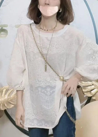French White O-neck Nail Bead Embroideried Lace Shirt Top Bracelet Sleeve
